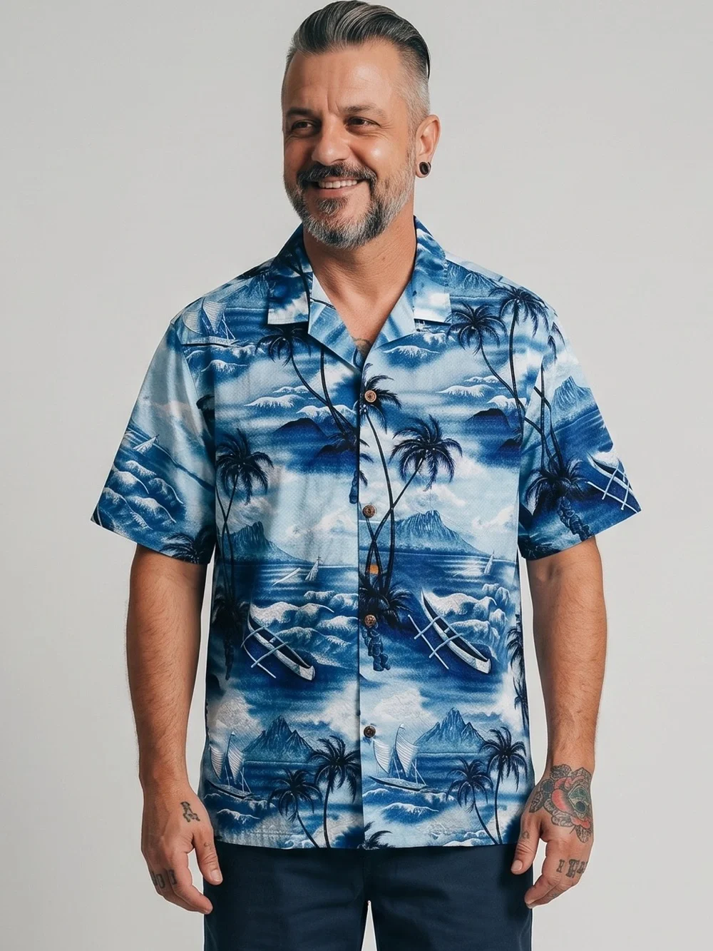 🌻Royal Hawaiian Creations Tropical Tiki Canoe Print Cotton Hawaiian Shirt XL